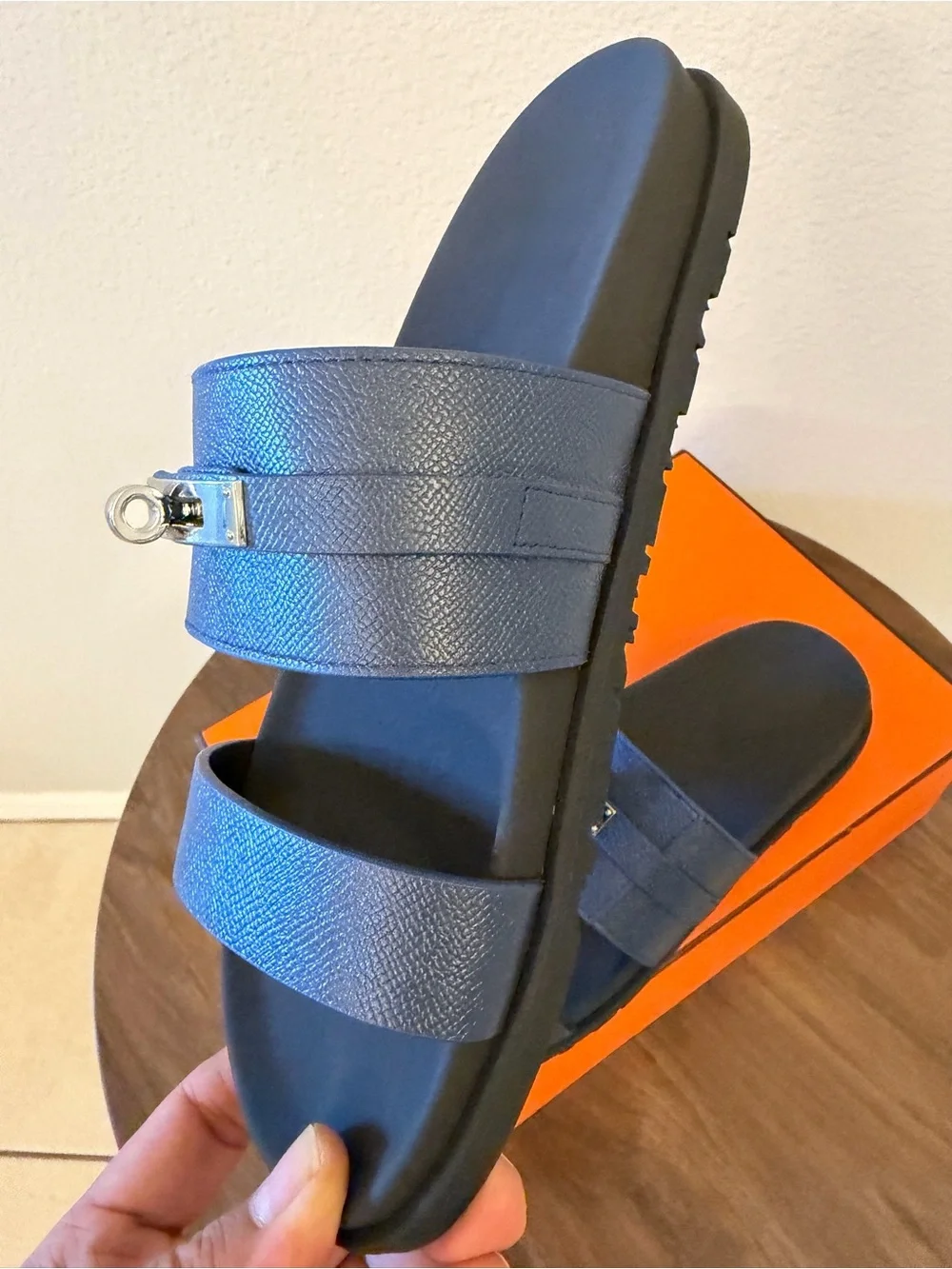 Blue Leather Double-Strap Slide Sandals
